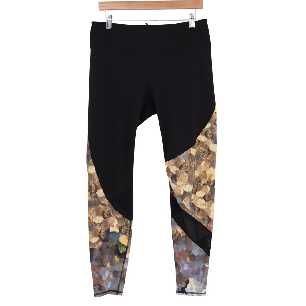 Athleta Womens Black Gold Mosaic Honeycomb Mesh Panel Leggings Large